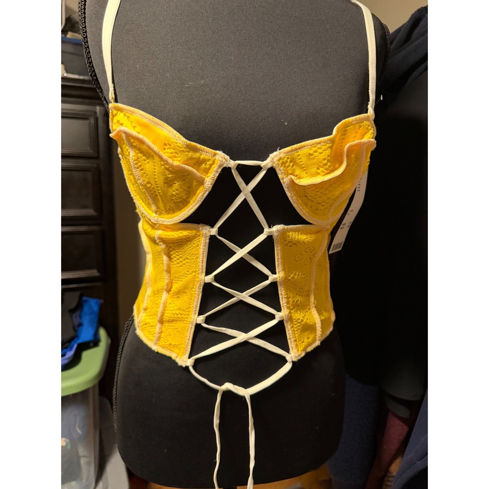 Urban Outfitters Yellow Lace Corset Top Underwire Lace Up Bustier Top OB1451091